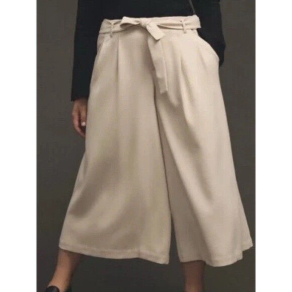 Anthropologie Maeve Tan Culottes Cropped Wide Leg Pants Womens 8 Belted Stretchy - Picture 1 of 14